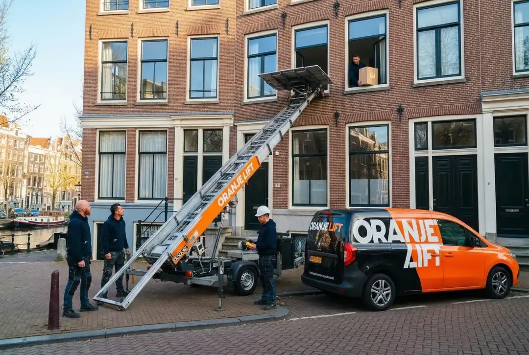 Compacte aanhangerlift opgesteld in een smalle straat, handig in Haarlem