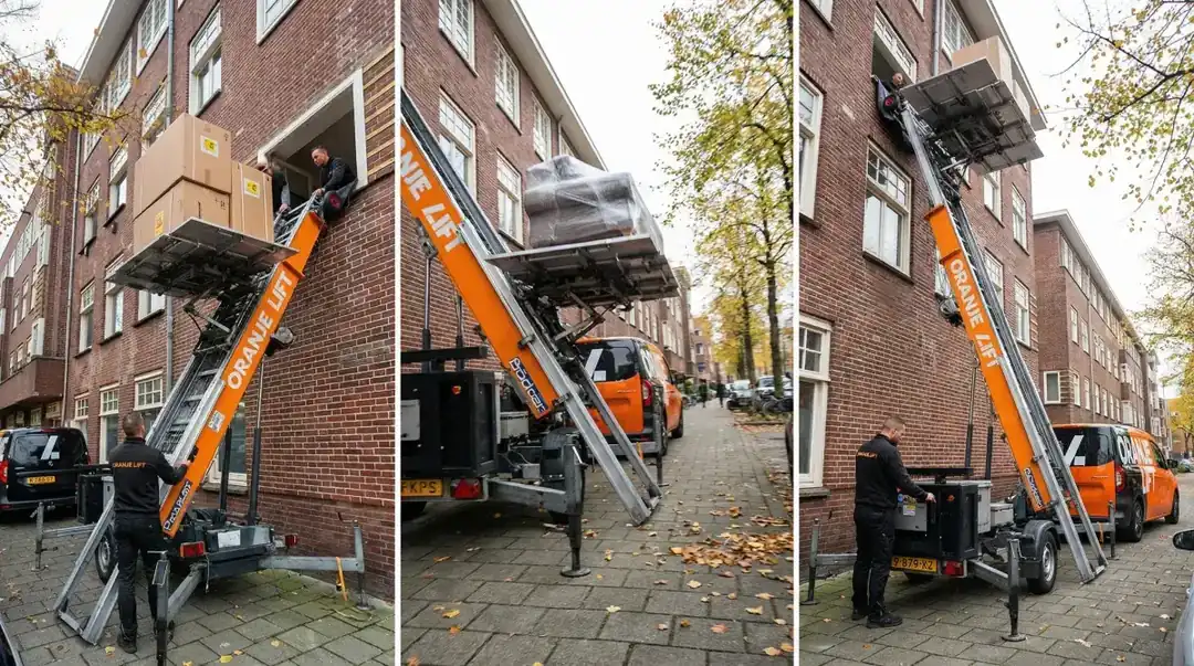 Verhuislifthuren.nl aanhangerlift in bedrijf bij een appartement in Amsterdam