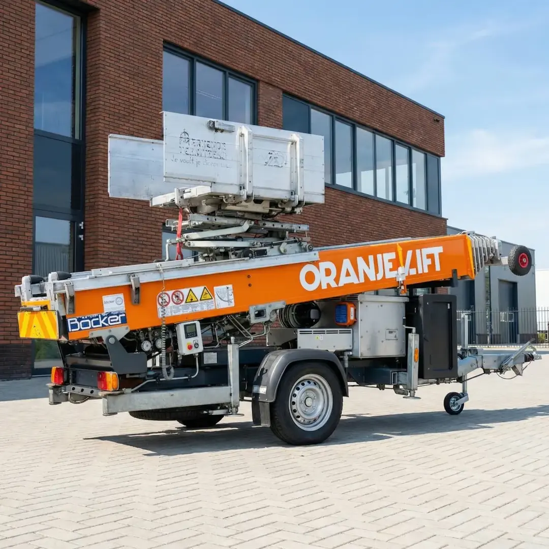 Aanhangerlift in bedrijf bij een grachtenpand, compact in de stad