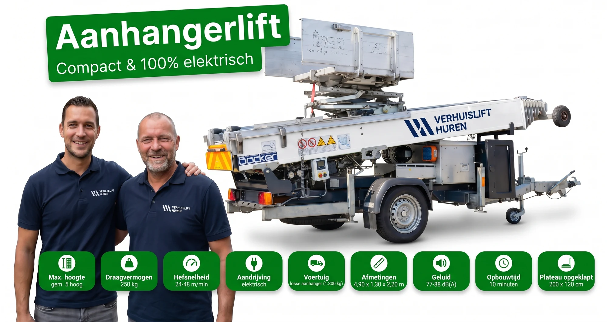 Compacte aanhangerlift huren bij Verhuislifthuren.nl, 100% elektrisch met 250 kg draagvermogen en opbouwtijd van 10 minuten
