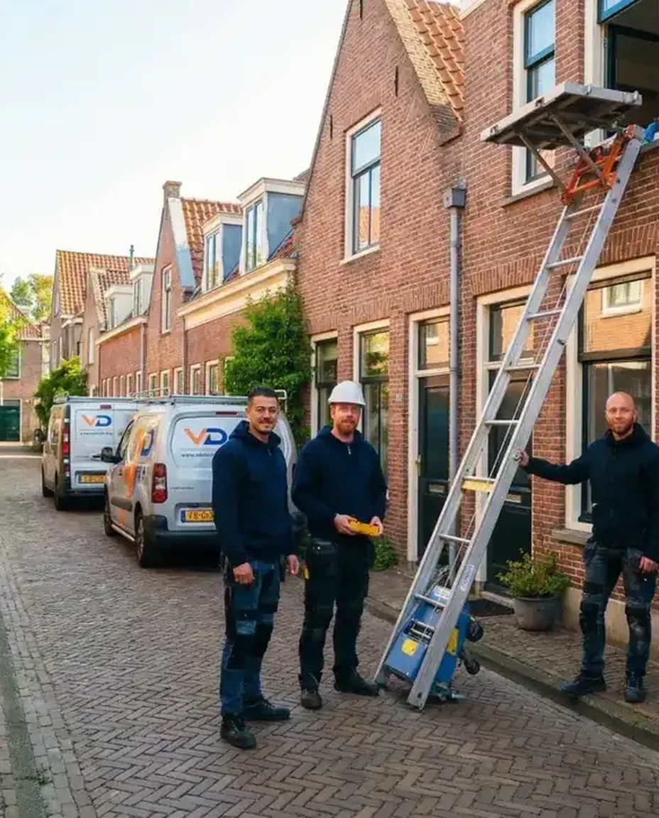 GEDA voor gevel, straat met witte bus, drie operators