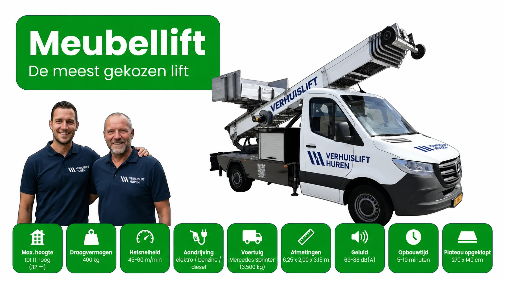 Meubellift huren bij Verhuislifthuren.nl: reikt tot 12 hoog en tilt tot 400 kg per rit