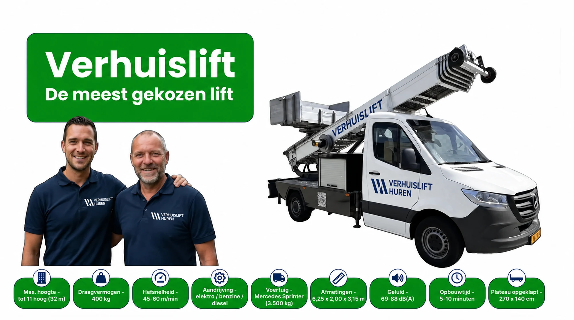 Verhuislift huren bij Verhuislifthuren.nl: reikt tot 12 hoog (34 m) met een draagvermogen van 400 kg