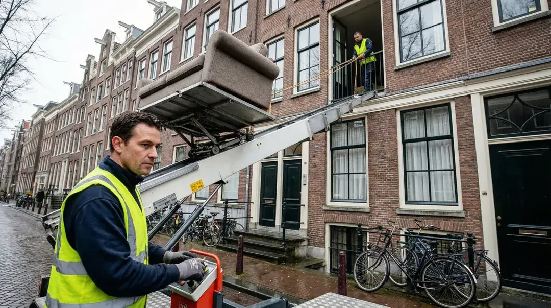 Witte verhuislift brengt een bank naar een bovenwoning
